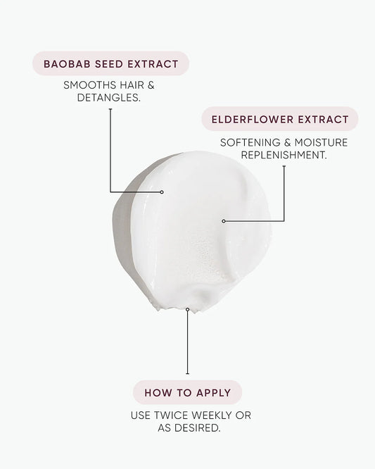 Hair moisture mask cream graphic with baobab seed extract and elderflower extract