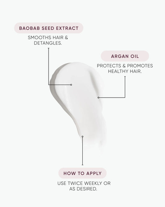 Hair treatment application infographic with labeled baobab seed extract and argan oil