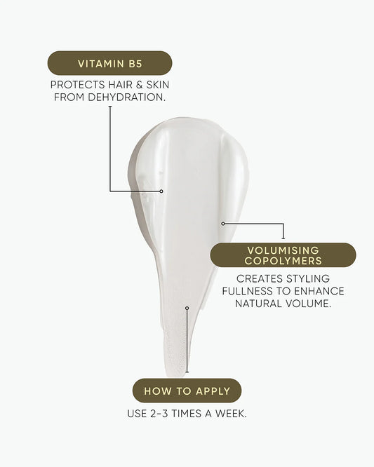 Volume Shampoo product graphic with bottle silhouette and ingredient callouts
