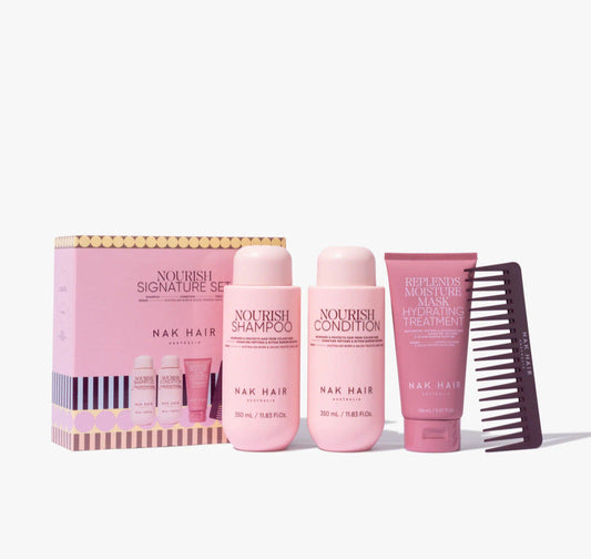 Pink hair care trio pack: nourish shampoo, conditioner, and hydrating mask