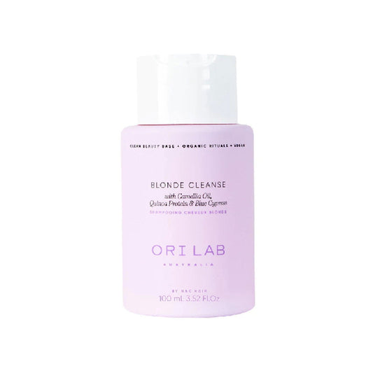 Travel-size shampoo bottle, ORI Lab blonde cleanse, 100 ml, purple-pink label