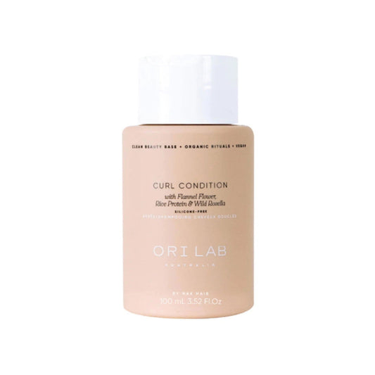 Travel-size hair curl conditioner bottle, light pink label, ORI LAB, 100ml