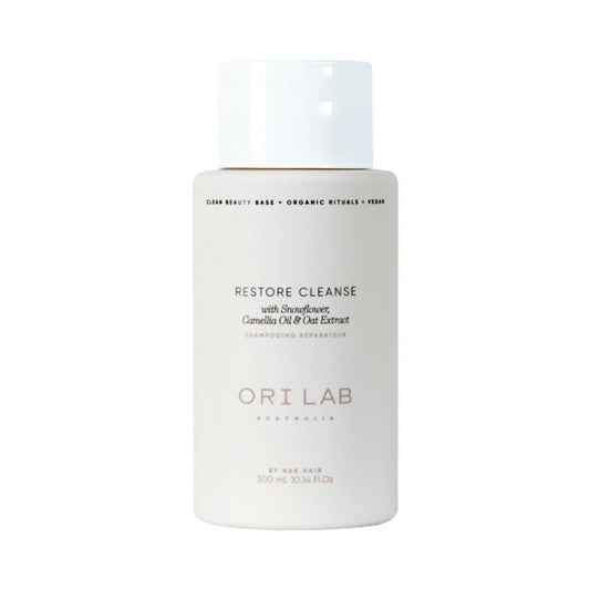 Shampoo bottle, white plastic with cap, ORI LAB Restore Cleanse label