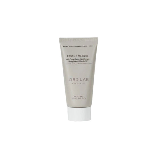 Hair rescue masque travel size tube with cap, printed label in gray and white