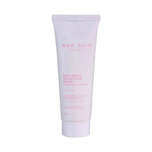 NAK Hair Replends Moisture Mask travel tube, 50 ml, pale lavender with pink text