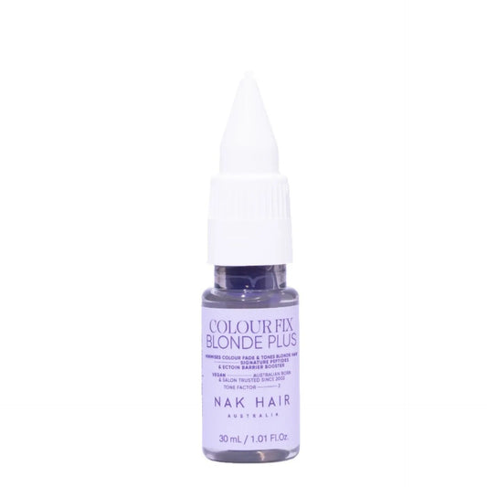 Hair color-fix serum bottle with pump cap, purple-tinted liquid, 30 ml