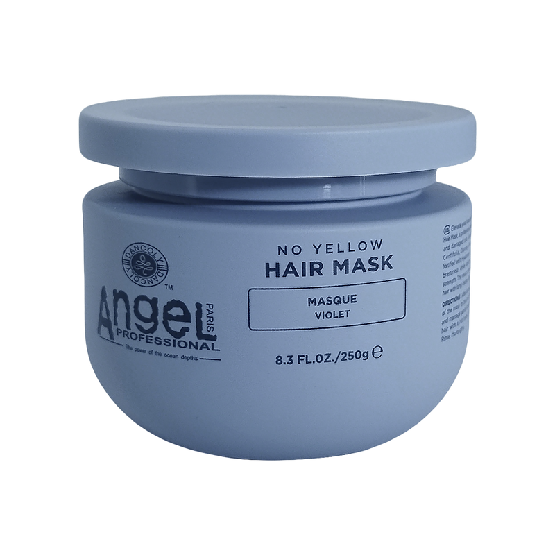 Blue hair mask jar with white 'No Yellow Hair Mask' and 'Masque Violet' label