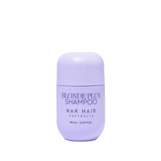NAK Hair Blonde Plus shampoo travel size bottle, 80 ml, light purple label