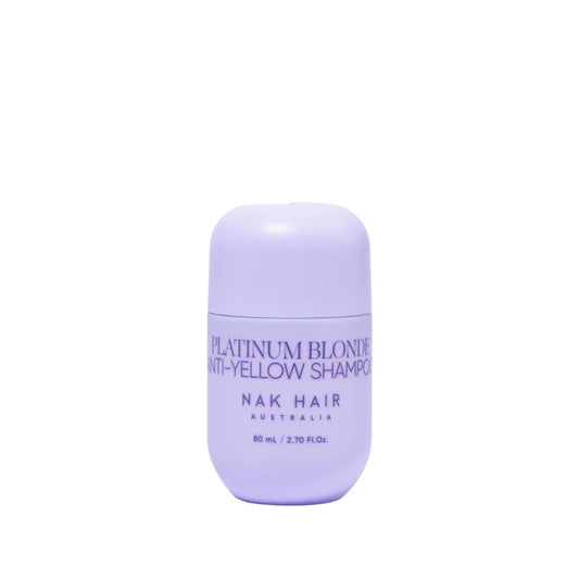 Platinum Blonde anti-yellow shampoo travel bottle with lavender cap, 80 ml label
