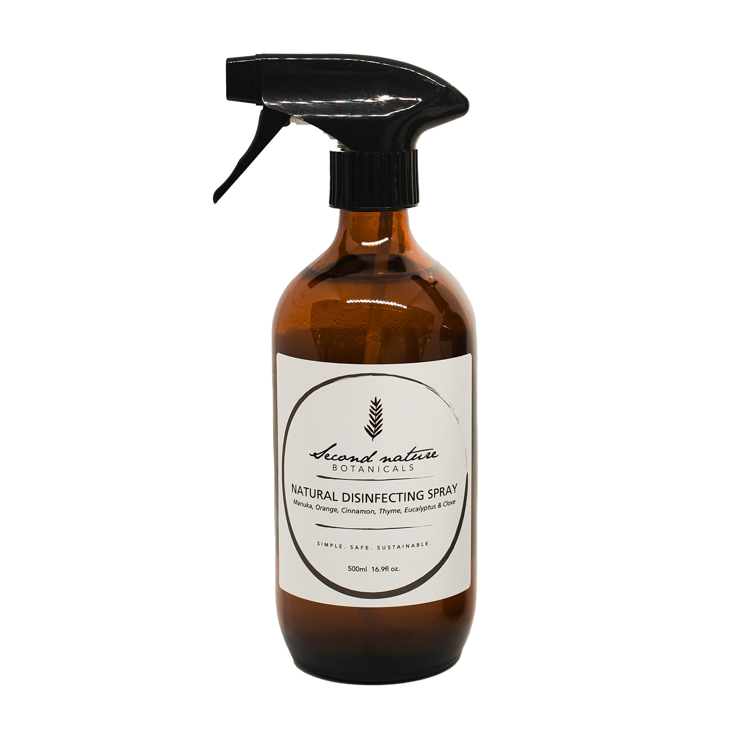 Natural disinfecting spray bottle with amber glass and black trigger sprayer