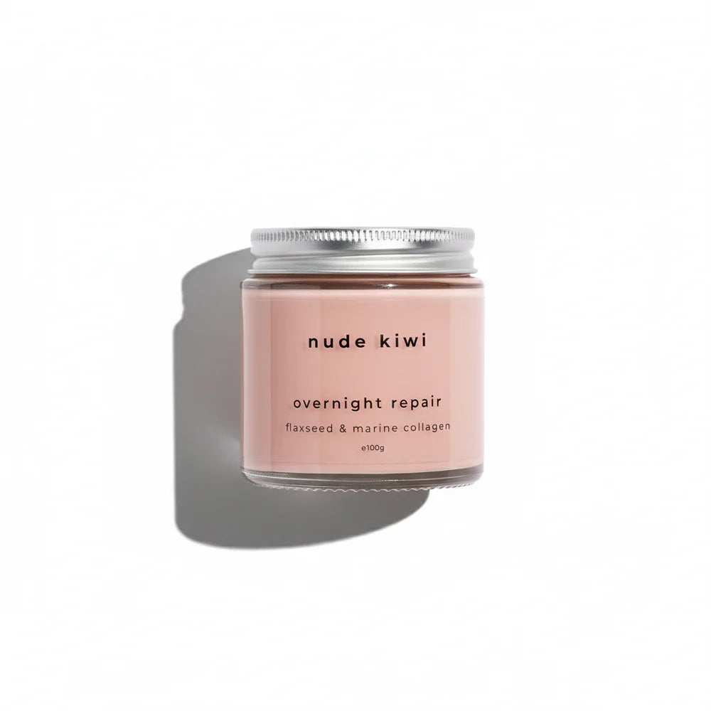 Nude Kiwi overnight repair jar with pink cream and silver screw lid