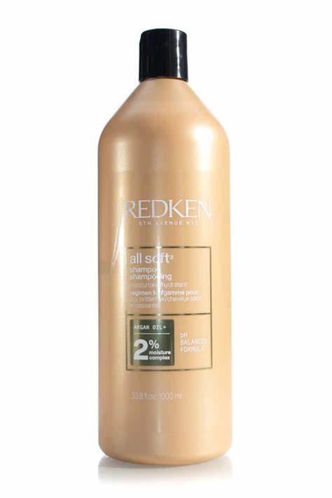 Redken All Soft shampoo bottle, beige with black cap, 1000 ml