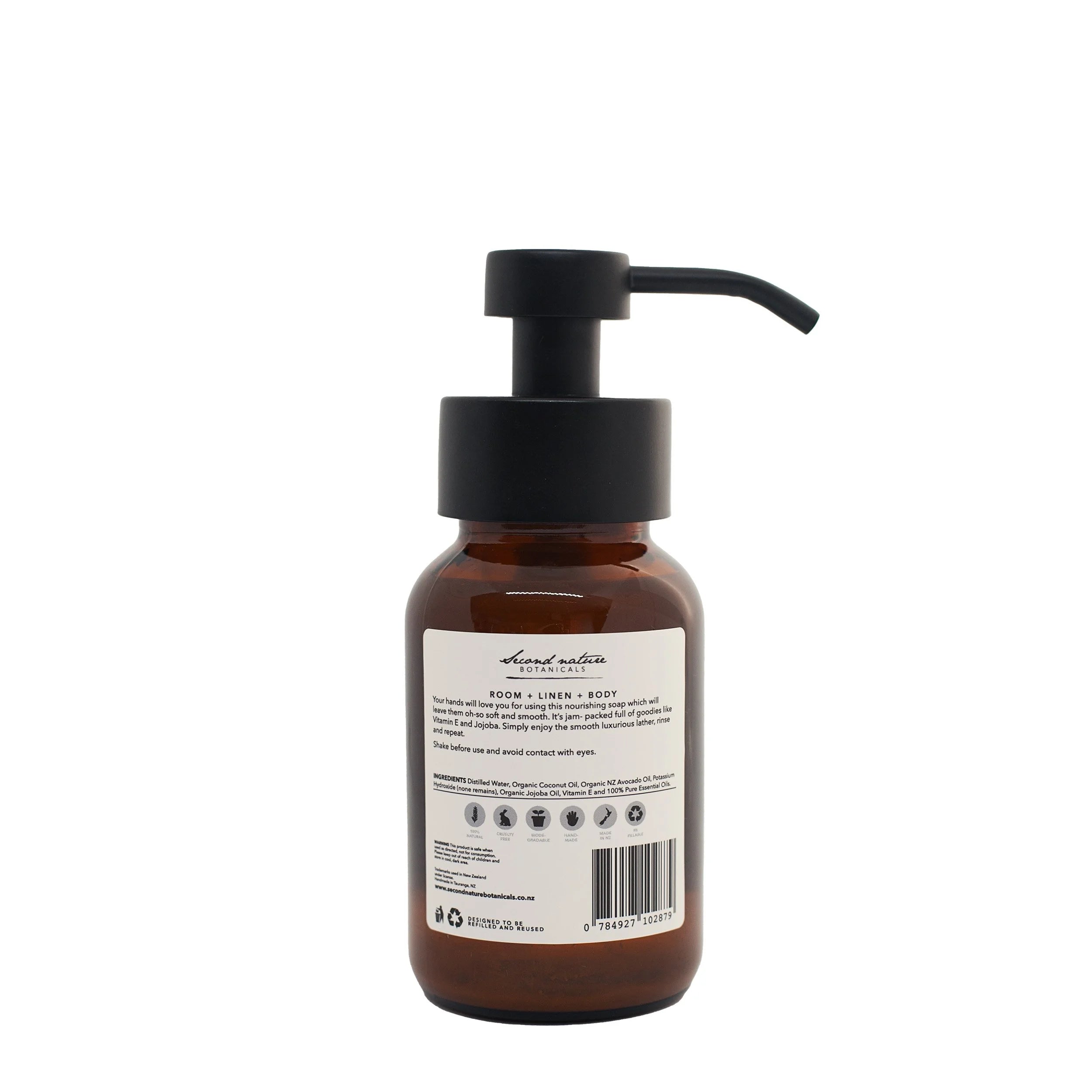 Second Nature Botanicals foaming hand soap bottle with black pump and back label