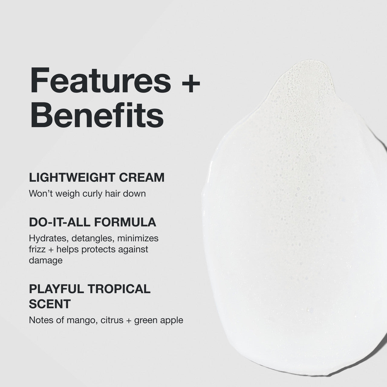 Leave-in cream benefits graphic with lightweight, do-it-all formula text.