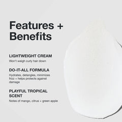 Leave-in cream benefits graphic with lightweight, do-it-all formula text.