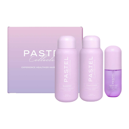 Hair care trio set with three pastel purple bottles and gift box, Pastel Collective