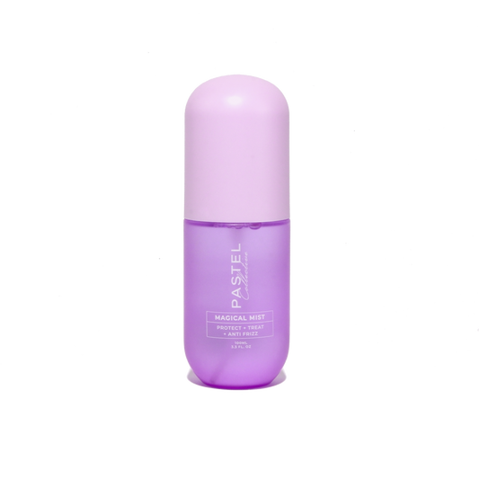 Magical hair mist bottle with purple tube, rounded cap, front label.
