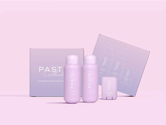 Pastel Collective HYDRATE styling bar trio: two pastel bottles, tube, and boxed set