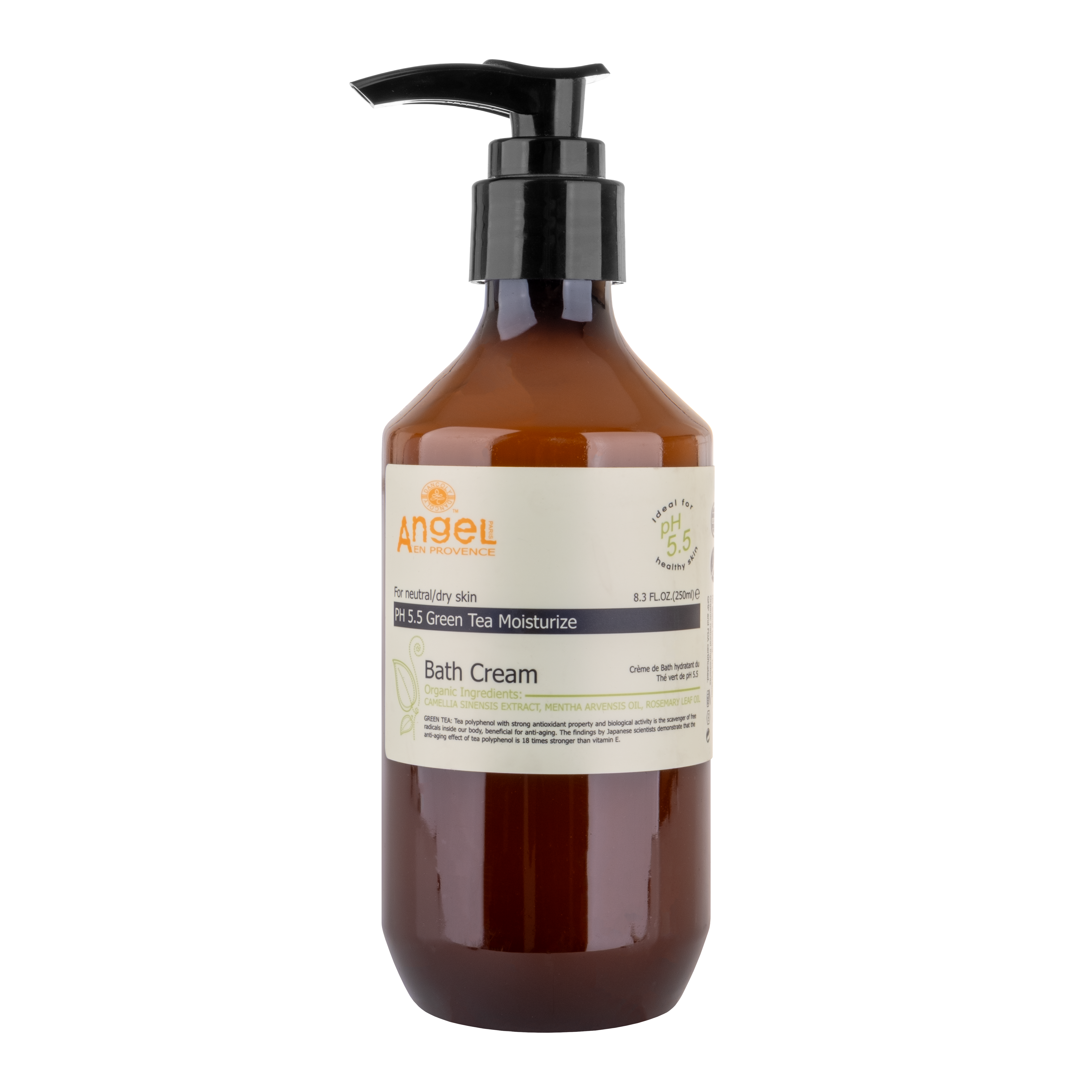 Angel En Provence green tea bath cream with pump, amber bottle, 250 ml