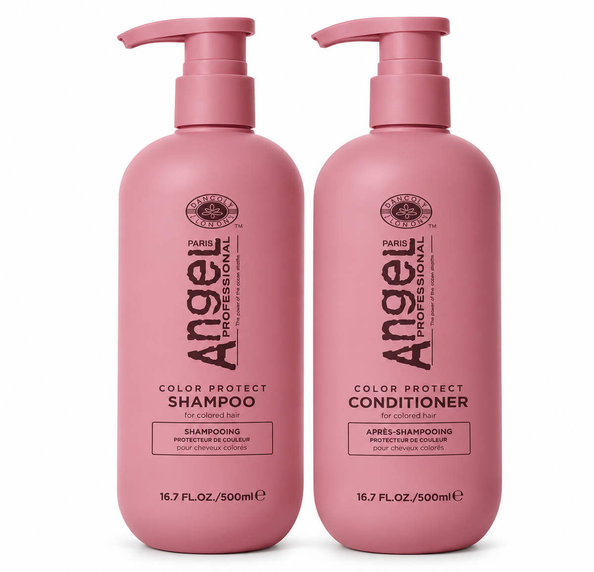 Angel Professional Color Protect Shampoo and Conditioner duo, two pink 500 ml pump bottles