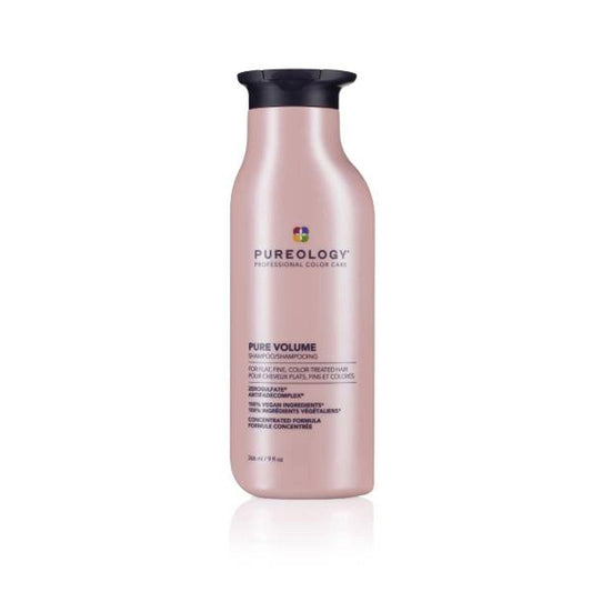 Pureology Pure Volume shampoo bottle, pink bottle with black cap, 266 ml