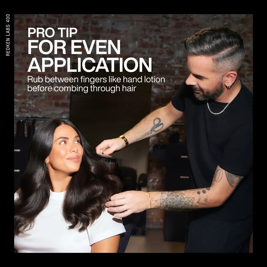 Hair oil styling scene with hands smoothing long dark hair