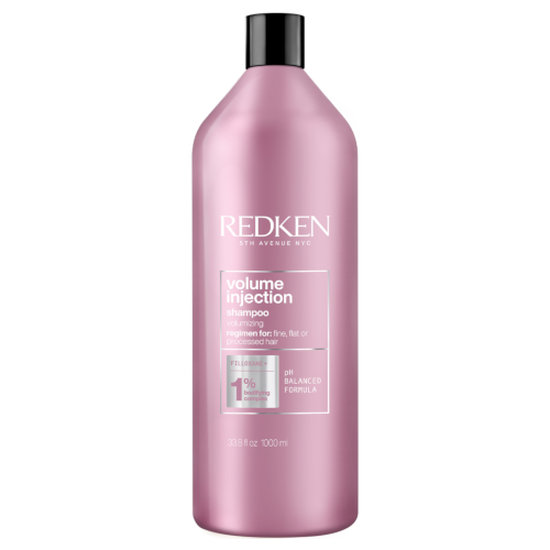 Redken Volume Injection shampoo bottle, pink with black cap and label