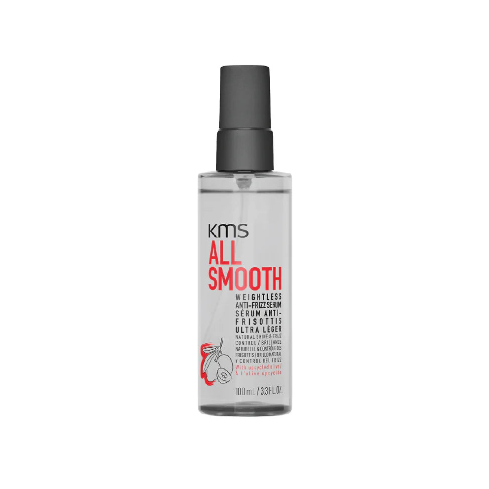 Hair de-frizz oil bottle, clear with black pump cap and red label details