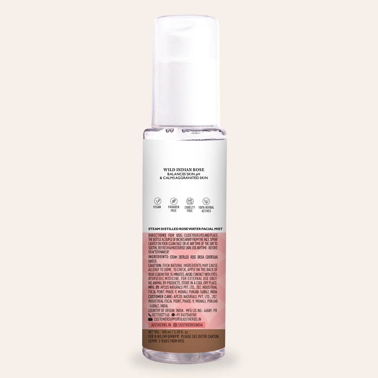 Just Herbs - Steam Distilled Rose Water Facial Mist 100ml