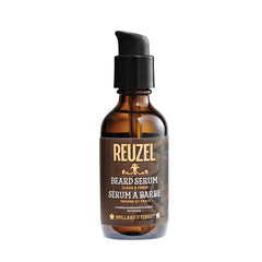 Beard serum bottle with amber glass and black pump, REUZEL label