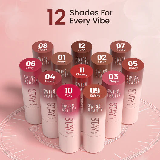 Assorted SWISS BEAUTY Stay All Day liquid lipsticks, 12 shade tubes