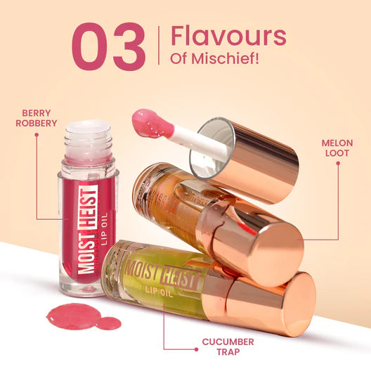 Swiss Beauty Moist Heist lip balm shade 03 Melon Loot, tubes with open applicator and swatch.