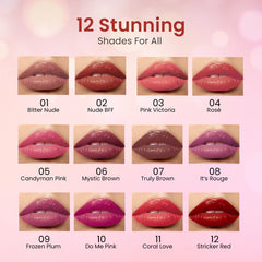 Lipstick shade swatch chart with 12 lip colors, including pink and nude tones
