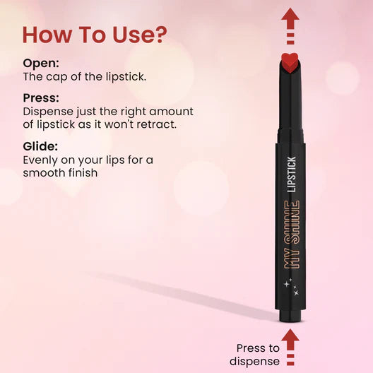 Lipstick how-to panel showing open, press, and glide instructions with pink cap