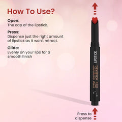 Lipstick how-to panel showing open, press, and glide instructions with pink cap