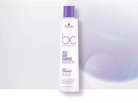 BC Bonacure Frizz Away shampoo bottle, white with purple cap, 250ml