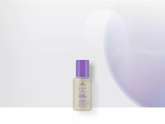 Schwarzkopf BC Bonacure Frizz Away smoothing oil bottle, purple cap, beige liquid