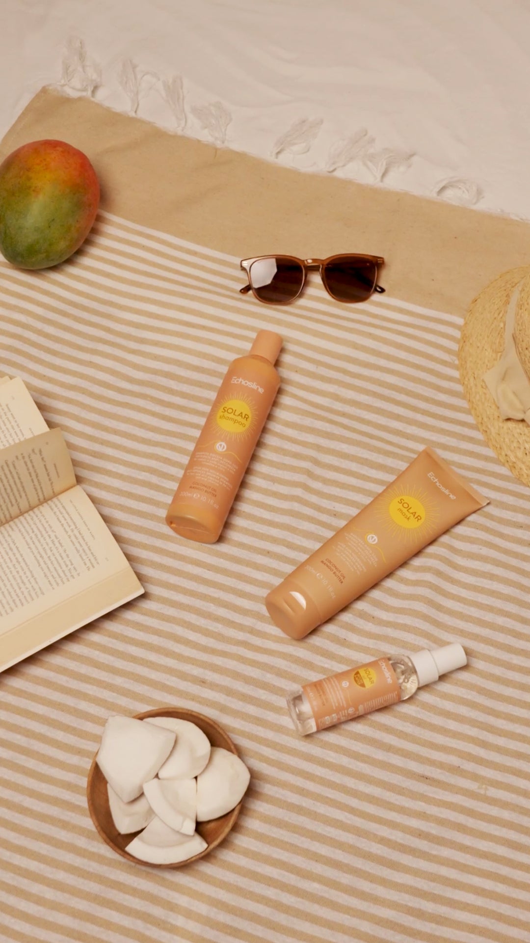 Solar hair care bottles: Solar shampoo, Solar mask, and Solar oil with pump