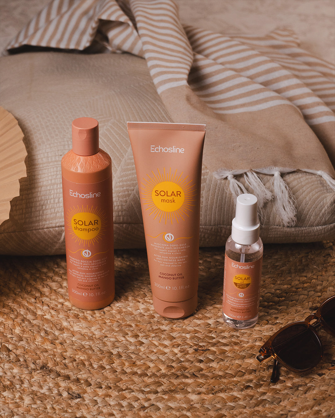 Solar hair care trio: Solar shampoo bottle, Solar mask tube, and Solar oil spray