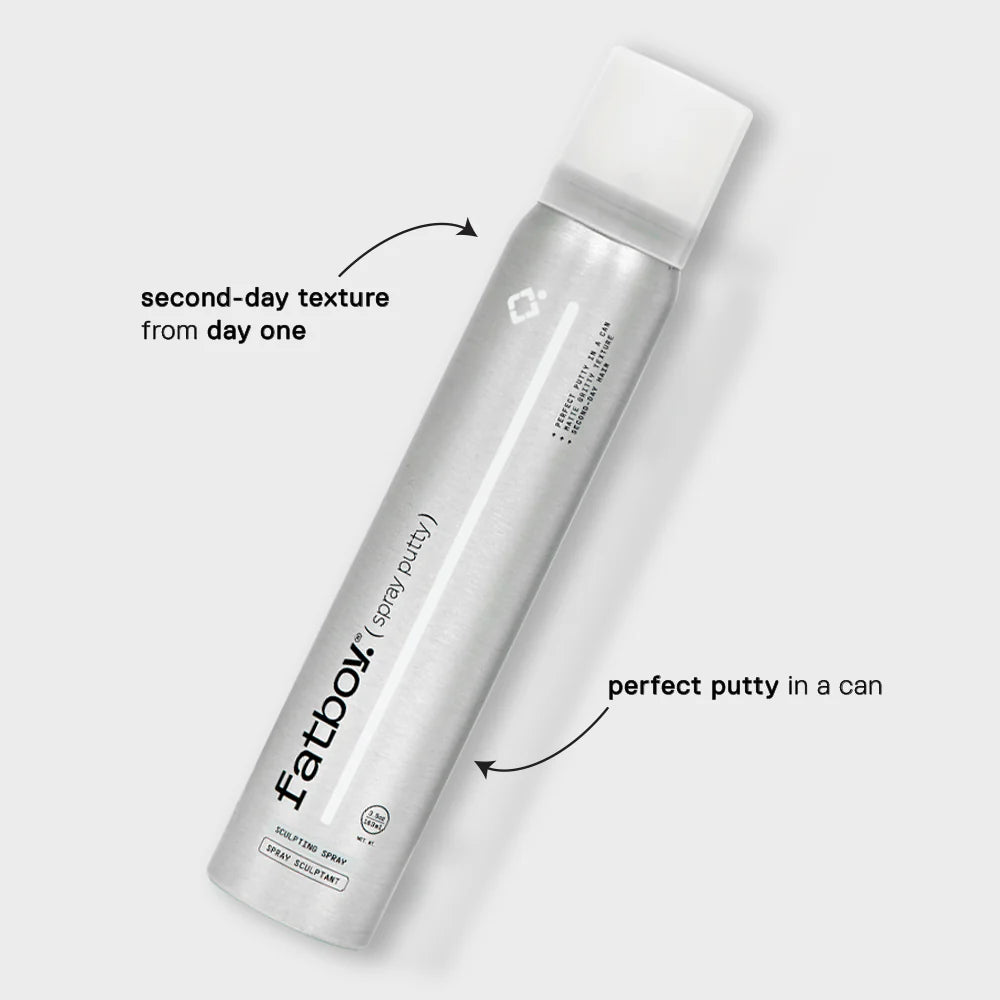 Spray putty can angled with white nozzle cap on metallic silver cylinder