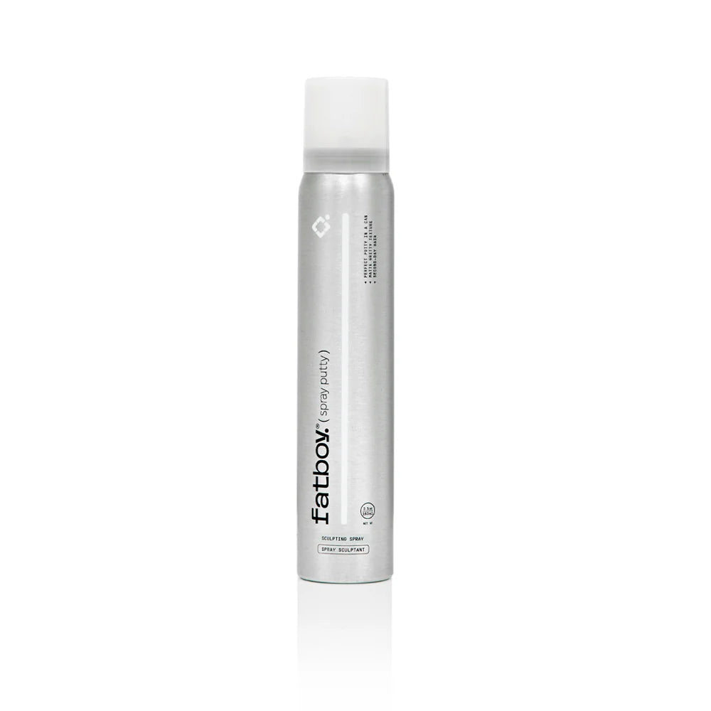 Spray putty can with white cap, metallic silver body