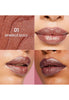 Glitter lipstick swatches in rose-gold and bronze tones with visible lip finish