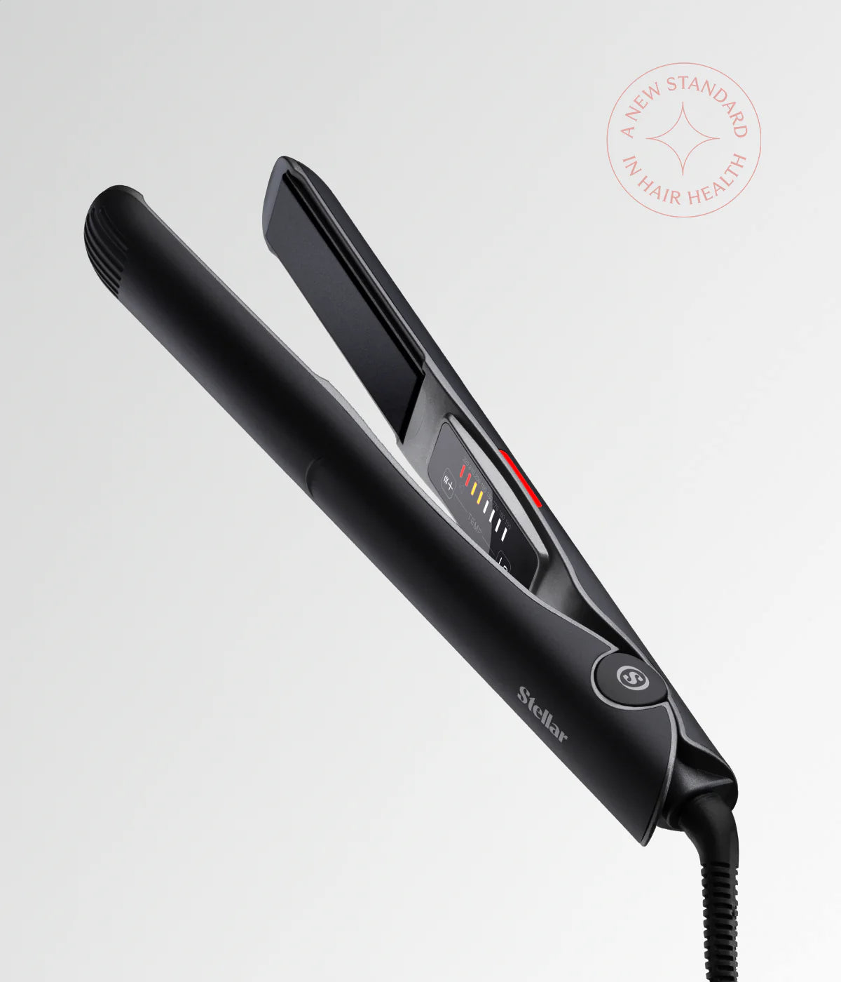 Black hair straightener with side controls and power indicator