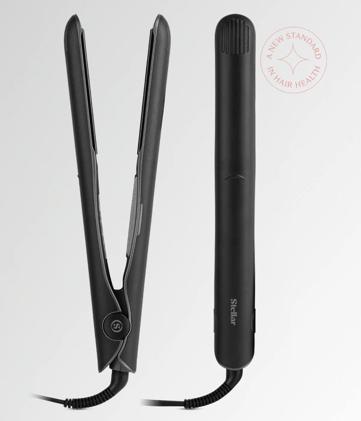 Black hair straightener with open clamshell plates and attached cord