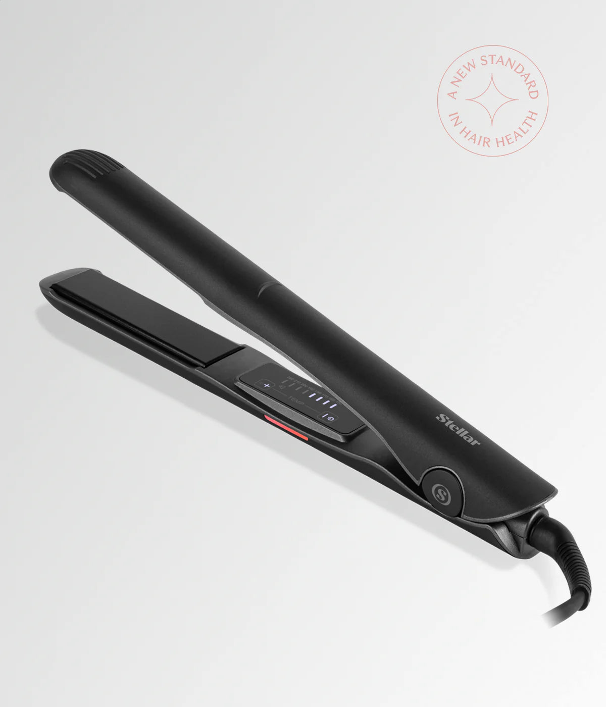 Black hair straightener with open plates and handle control panel