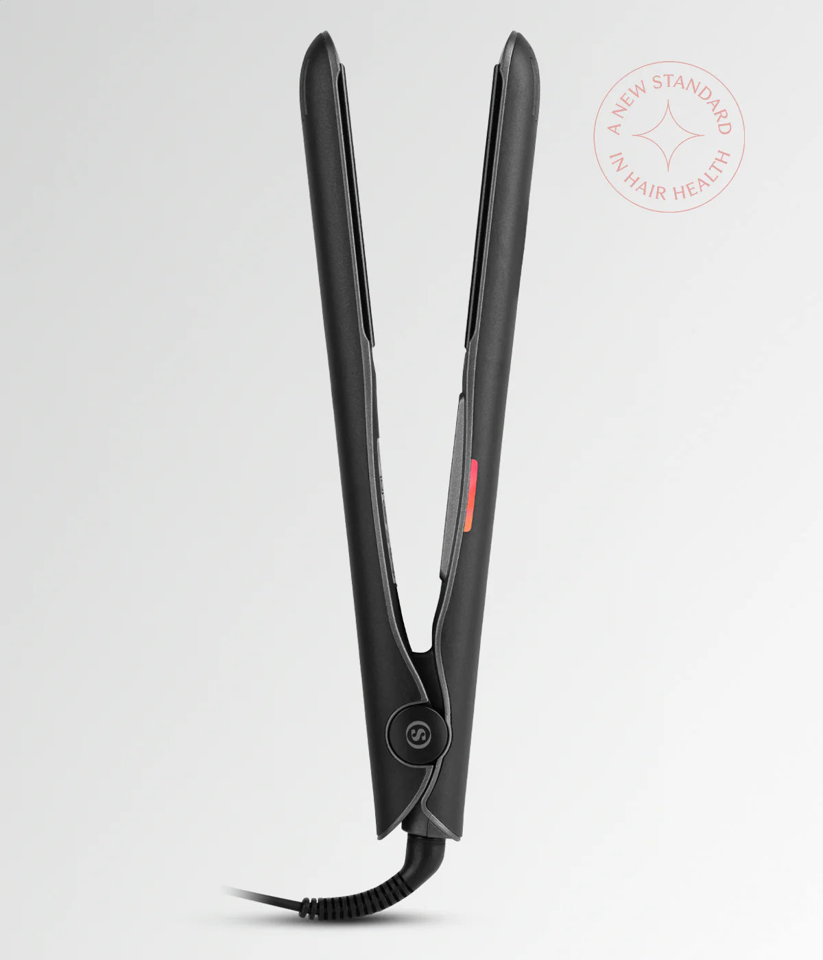 Black hair straightener with open plates and button controls on handle