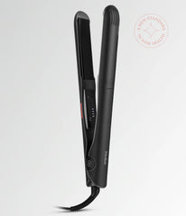 Black hair straightener closed with side control panel and power cord