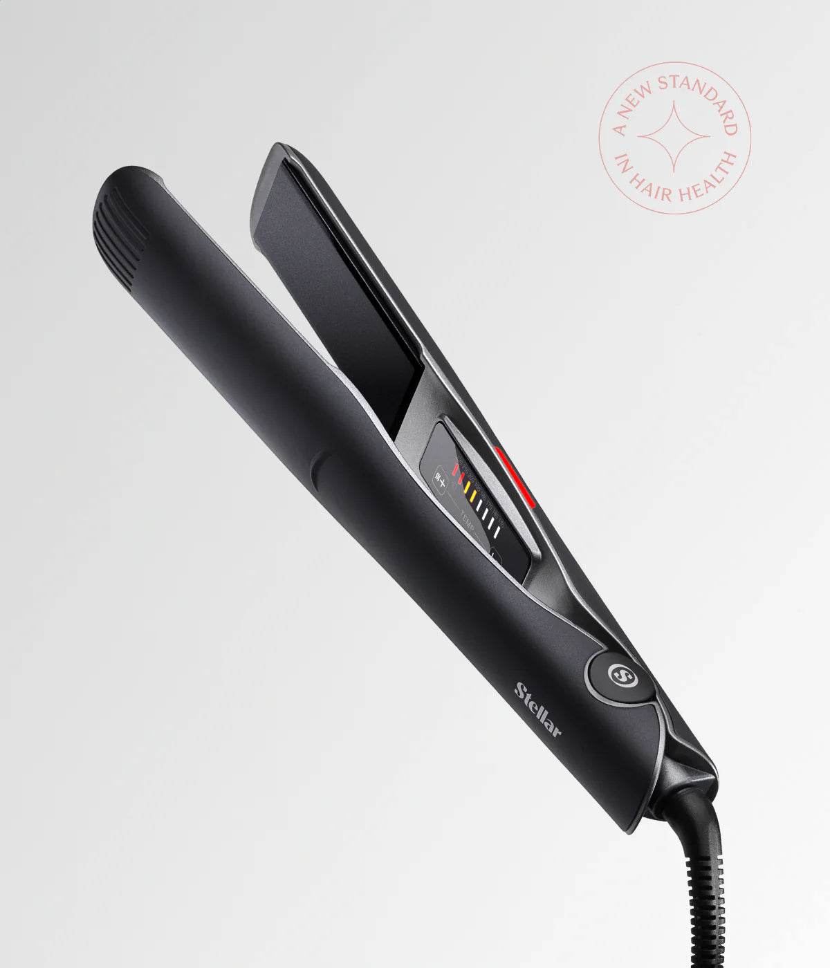Black hair straightener with vented barrel and side control buttons, cord attached