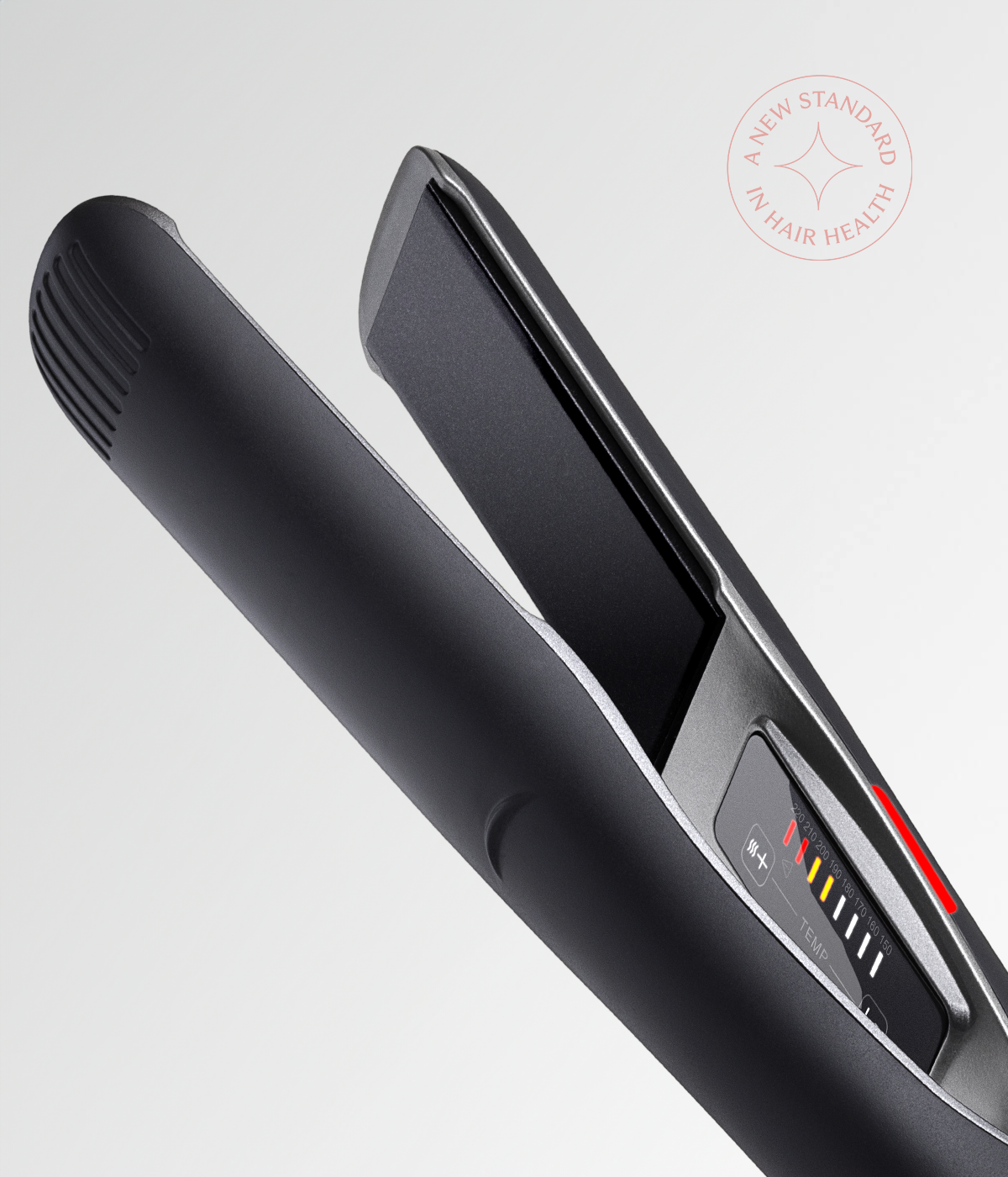 Black hair straightener with open ceramic plate and control panel