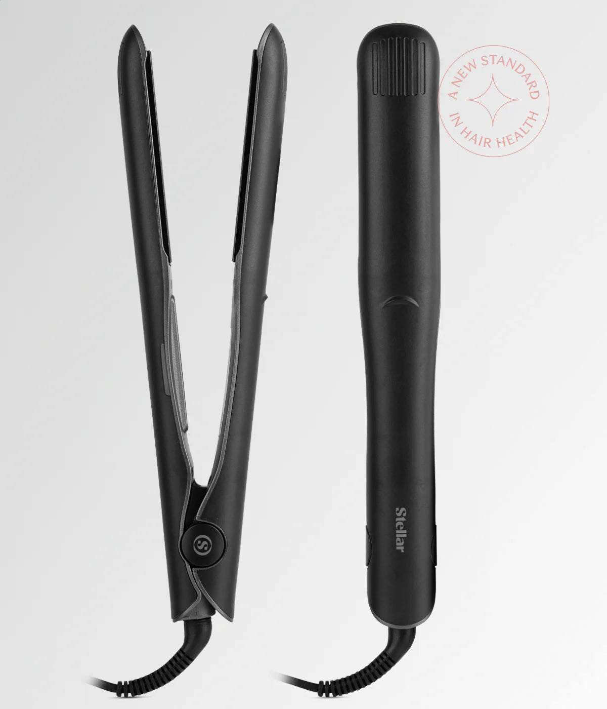 Black hair straightener showing two plates and one closed side view